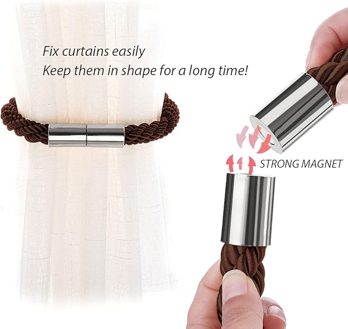 NICEEC 6 Pack Strong Magnetic Curtain Tiebacks Modern Simple Style Drape Tie Backs Convenient Decorative Weave Rope Curtain Holdbacks for Thin or Thick Home & Office Window Draperies (Deep Coffee)