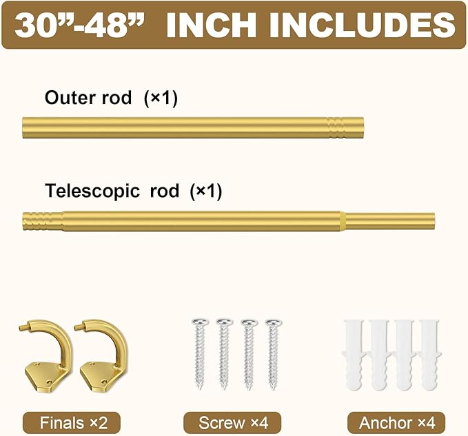 GXOACKJ Gold Curtain Rods for Windows 28 to 48 inch, 5/8 inch Adjustable Wrap Around Blackout Curtain Rods for Bedroom & Outdoor