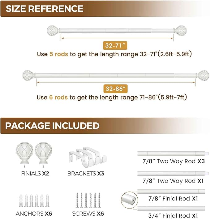KAMANINA Curtain Rods for Windows 48 to 84 Inch, White Single Heavy Duty Curtain Rod Adjustable, 7/8 Inch Decorative Drapery Rod 32 to 86 Inch(2.6-7.1Ft), Netted Texture End