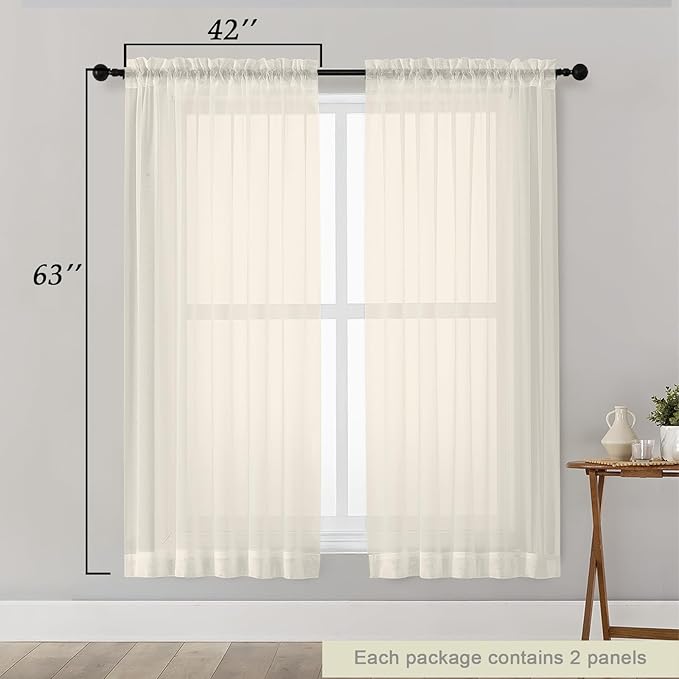 Cream Sheer Curtains 63 Inch Length 2 Panels Set for Living Room Bedroom, Airy Soft Light Filtering Sheer Dining Room Curtains, Modern Rod Pocket Drapes, Cream, Each 42" Wx63 L