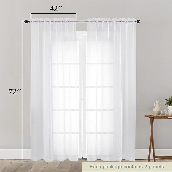 White Sheer Curtain for Bedroom Living Room 72 Inches Long 2 Panels Set, Solid Soft Airy Light Filtering Sheer Window Curtains, Modern Rod Pocket Door Curtain, White, 42" Wx72 L Inches