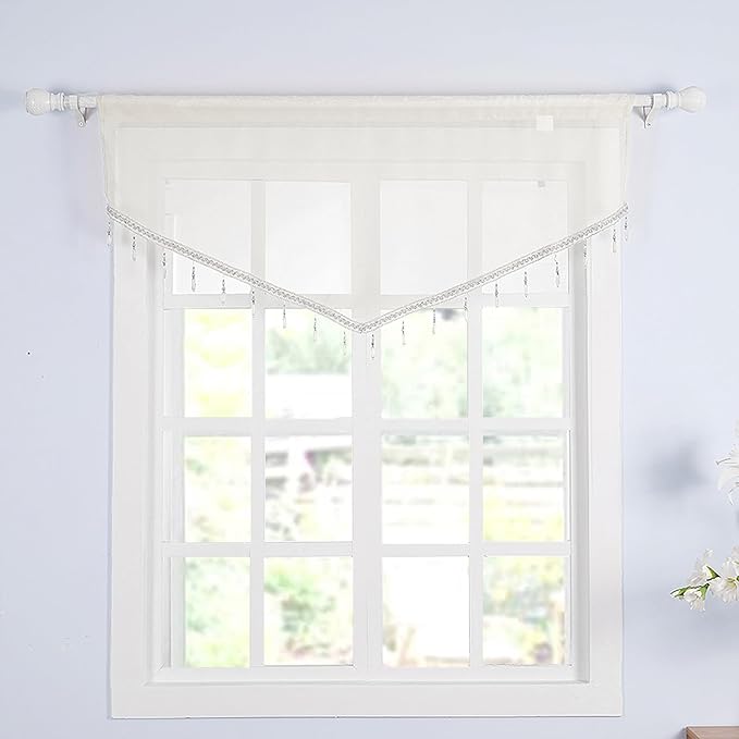 Molaxhome Swag Curtain 51 inch Length Rod Pocket Scalloped Curtain Valance Sheer Lace Panels with Hanging Crystal Beads for Kitchen Bedroom Window Treatments Drape Decor 1pc (Beige, 51Wx23L)