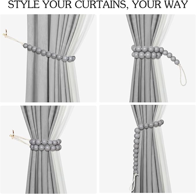 Hion 2 Pcs Boho Curtain Tiebacks,Wood Beads Curtain Holdbacks,Outdoor Farmhouse Tie Backs for Curtains,Curtain Holders for Drapes Home Office Room Decor with Hooks(Grey)