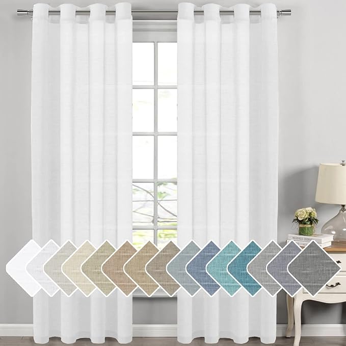 H.VERSAILTEX Natural Linen Semi Sheer Curtains for Living Room Extra Long Curtains Made of Rich Linen Soft Material, Nickel Grommet Window Panel Drapes (Set of 2, 52 by 108 Inch, Pure White)