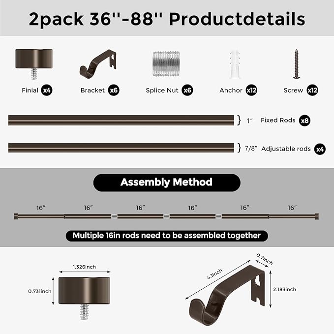 VOIIY 2 Pack Curtain Rods for Windows 48 to 84 Inch(4-7 Feet),Bronze 1'' Diameter Drapery Rods with End Cap Style Design,Modern Adjustable Heavy Duty Curtain Rod,Size:36''-88''
