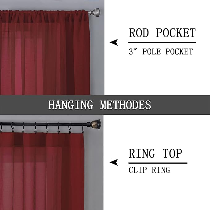 Tollpiz Sheer Tier Curtain Linen Textured Half Kitchen Curtains Sheer Light Filtering Rod Pocket Voile Small Curtains for Bathroom, 25 x 36 inches Long, Burgundy Red, Set of 2 Panels