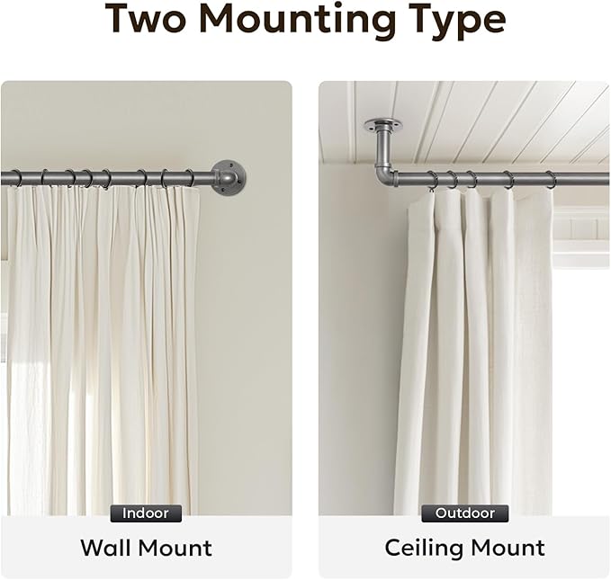 Zeerobee Curtain Rods for Windows 144 to 168, 1 Inch Industrial Wrap Around Grey Curtain Rod, Indoor/Outdoor Room Divider Adjustable Drapery Pole, 144"-168"