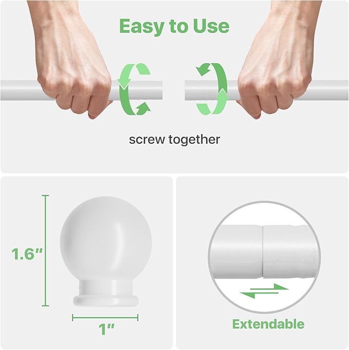 White Curtain Rods for Windows 66 to 120, Long Curtain Rod for Outdoor Patio, Sliding Door, Adjustable Heavy Duty Drapery Rod Set Easy Install, Decorative 5/8 Diameter Drape Pole 10 ft Width