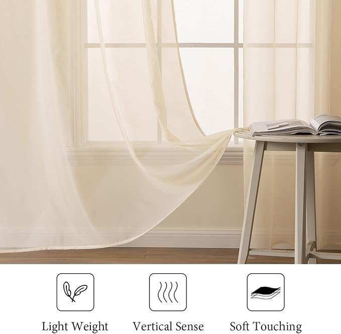 MIULEE 2 Panels Solid Color Sheer Window Curtains Elegant Window Voile Panels/Drapes/Treatment for Bedroom Living Room (54 X 120 Inches Cream Beige)