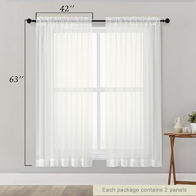 Sheer Ivory Curtains for Bedroom Living Room 63 Inch Length 2 Panels, Airy Soft Light Filtering Sheer Dining Room Curtains, Modern Rod Pocket Drapes, Ivory, Each 42" Wx63 L Inches