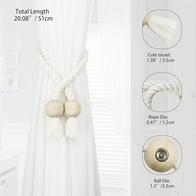 2 Pack Magnetic Curtain Tiebacks Cotton Hand Woven Tie Back Decorative Rope Holdbacks for Curtains Draperies No Tools Required, Cream