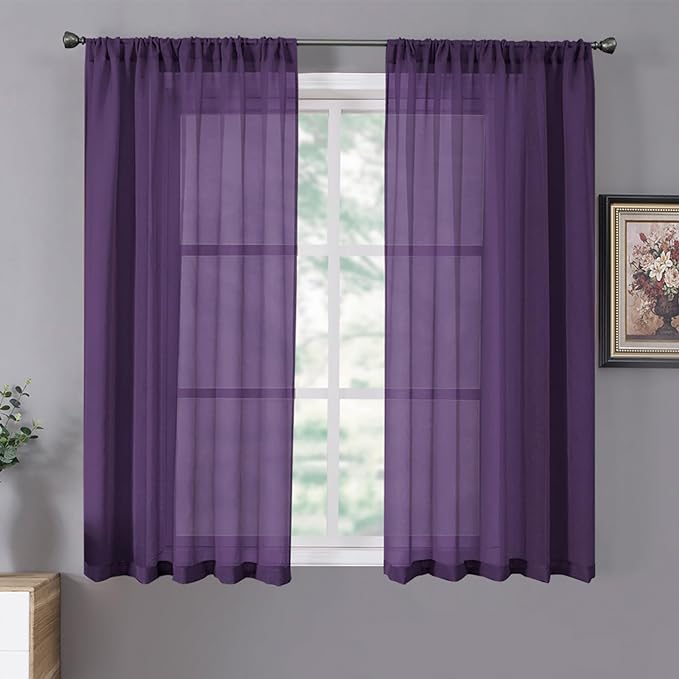 Tollpiz Sheer Curtains Living Room Linen Textured Curtain Sheers Light Filtering Voile Rod Pocket Curtains for Bedroom, 38 x 63 inches Long, Royal Purple, Set of 2 Panels