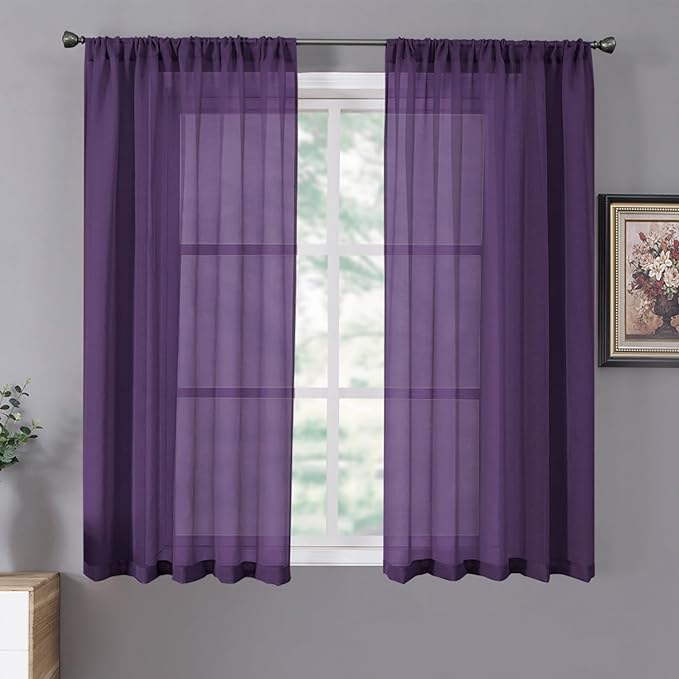 Tollpiz Sheer Curtains Linen Textured Living Room Curtain Sheers Light Filtering Rod Pocket Voile Curtains for Bedroom, 42 x 63 inches Long, Royal Purple, Set of 2 Panels