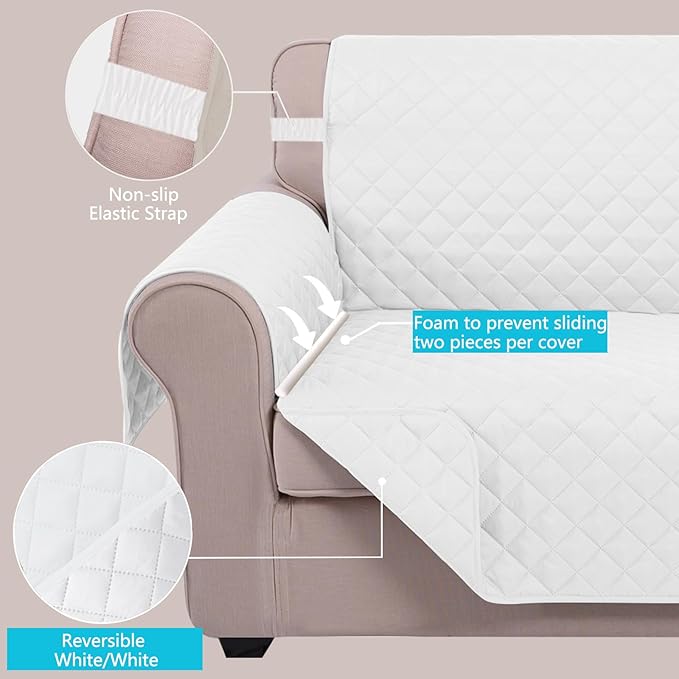 U-NICE HOME Loveseat Sofa Cover Reversible Couch Cover for Dogs with Elastic Straps Water Resistant Furniture Protector for Pets Couch Cover for 2 Cushion Couch (Loveseat, White/White)
