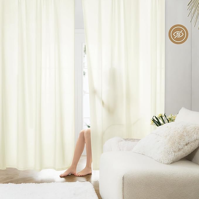 HOMEIDEAS Non-See-Through Cream Yellow Privacy Sheer Curtains, 52 X 45 Inches Long 2 Panels Light Yellow Sheer Curtains Light Filtering Window Drapes for Bedroom Living Room