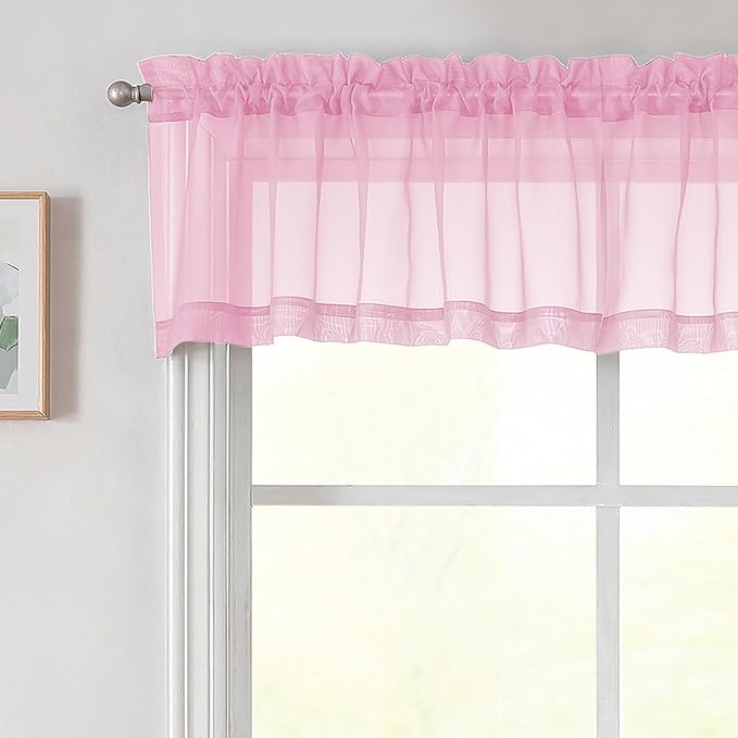 Pink Valances for Windows, Pink Sheer Curtains 14 Inch Length 2 Pack Kitchen Curtain, Modern Solid Mini Small Window Curtains for Cafe Bathroom Basement, Pink, Each 42" Wx14 L Inches