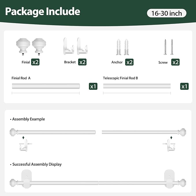 KAMANINA Curtain Rods No Drilling for Windows 16 to 30 Inches, 5/8 Inch Small Curtain Rod for Door Screwless with Adhesive Brackets without Drilling, White