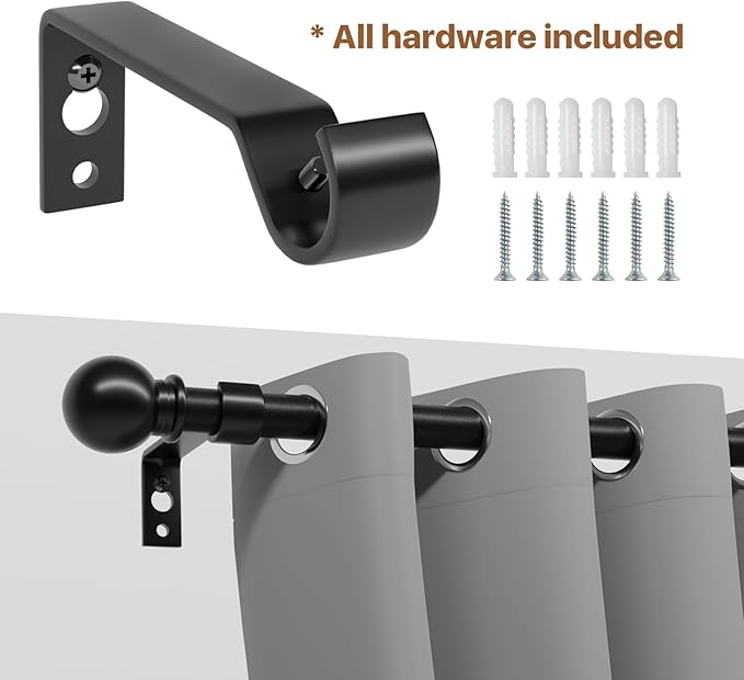 Curtain Rods for Windows 48 to 88, Heavy Duty 5/8 Diameter Curtain Rod Set, Decorative Standard Drapery Rod for Bedroom, Living Room, Adjustable 48 to 84 inch Metal Curtain Pole Easy Install, Black