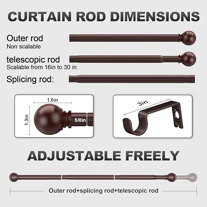 Bronze Curtain Rods for Bedroom with Brackets,5/8 Inch Diameter Small Window Curtain Rod Adjustable 32 to 120 Inches,Easy Install Drapery Rods