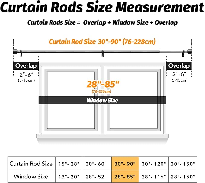 GEEBOBO 2 Pack Black Curtain Rods for Windows 48 to 84 Inch, 1 Inch Adjustable Heavy Duty Easy Install Curtain Rods Set for Outdoor, Patio, Farmhouse, Bedroom, Living Room (Black,30"-90",2 Pack)