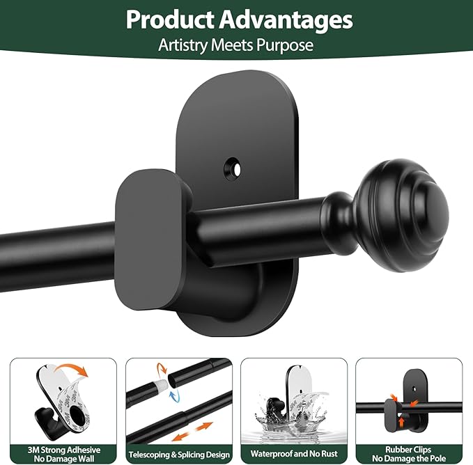 KAMANINA Curtain Rods 2 Pack No Drilling for Windows 32 to 86 Inches, 5/8 Inch Adjustable Renter Friendly Curain Rod with 3M Adhesive Brackets, Black