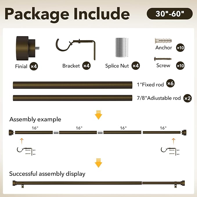 IFELS Heavy Duty Curtain Rods for Windows 28 to 48 Inch, 1 Inch Bronze Curtain Rods Set of 2 Pack for Outdoor Patio, Farmhouse, Bedroom, Kitchen, Adjustable Easy Install Drapery Rod (Bronze,30-60-2p)