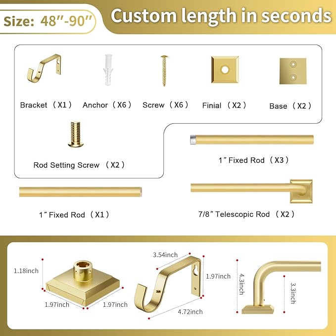 Gold Curtain Rods for Windows 48-90Inch(4-7.5ft) Heavy Duty Wrap Around Blackout Curtain Rods,Adjustable Room Darkening Drapery Rod for Bedroom, Living Room, Sliding Door & Outdoor Patio