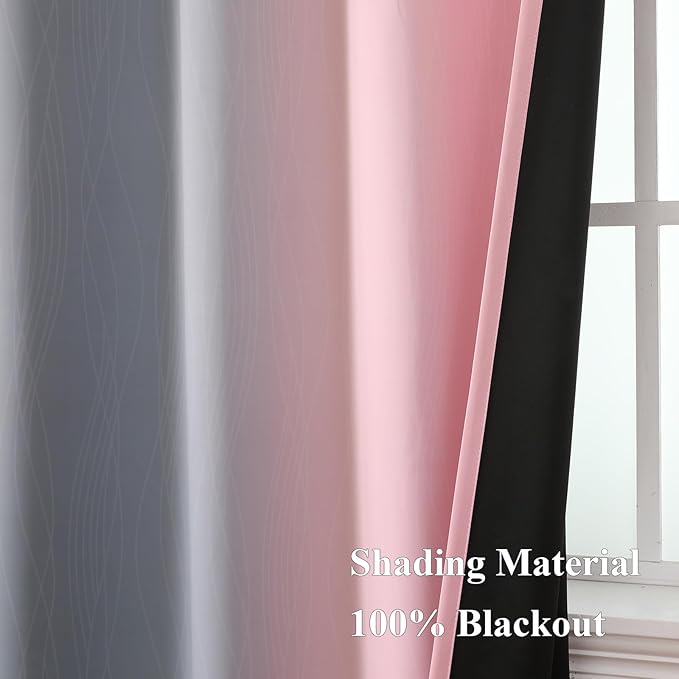 Estelar Textiler Ombre Gray and Pink Blackout Curtains 63 Inch Length 2 Panels, Full Light Blocking Curtains for Kids Room, Grommet Thermal Insulated Gradient Drapes for Girl's Room, 52x63 Inch