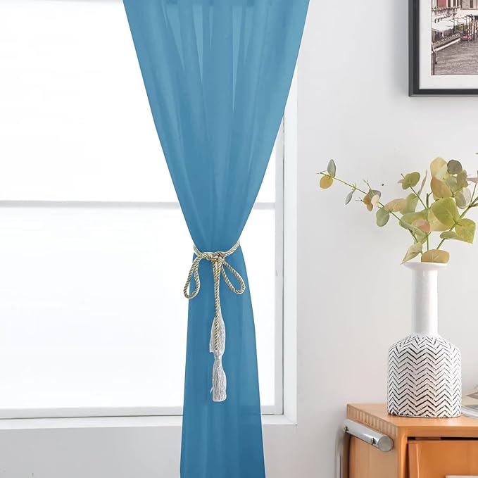 SpaceDresser Basic Rod Pocket Sheer Voile Window Curtain Panels Blue 1 Pair 2 Panels 52 Width 54 Inch Long for Kitchen Bedroom Children Living Room Yard（Blue, 52W x 54L）