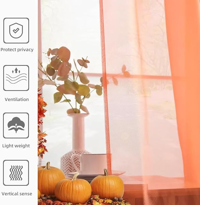 youleyar Solid Sheer Rod Pocket Curtain Voile Draperies 2 Panels White Beige Black Grey Coffee 52 Inch Width 90 Inch Long 1 Pair for Kitchen Bedroom Children Living Room Yard (Orange Red,52Wｘ90L)