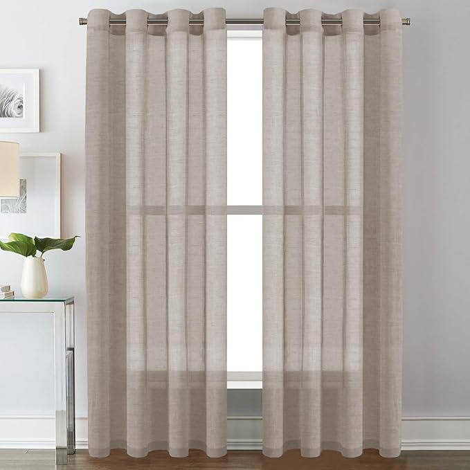 H.VERSAILTEX Linen Curtains Flax Linen Blended Curtain Panels for Living Room/Bedroom Semi Sheer Privacy Curtains 84 inch Length 2 Panels Set Nickel Grommet Window Drapes (52" W x 84" L, Taupe)