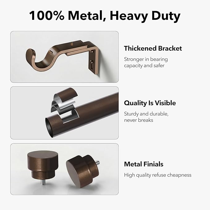 IFELS Heavy Duty Curtain Rods for Windows 66 to 120 Inch, 1 Inch Bronze Curtain Rods Set of 2 Pack for Outdoor Patio, Farmhouse, Bedroom, Adjustable Easy Install Modern Drapery Rod (Bronze,30-120-2p)