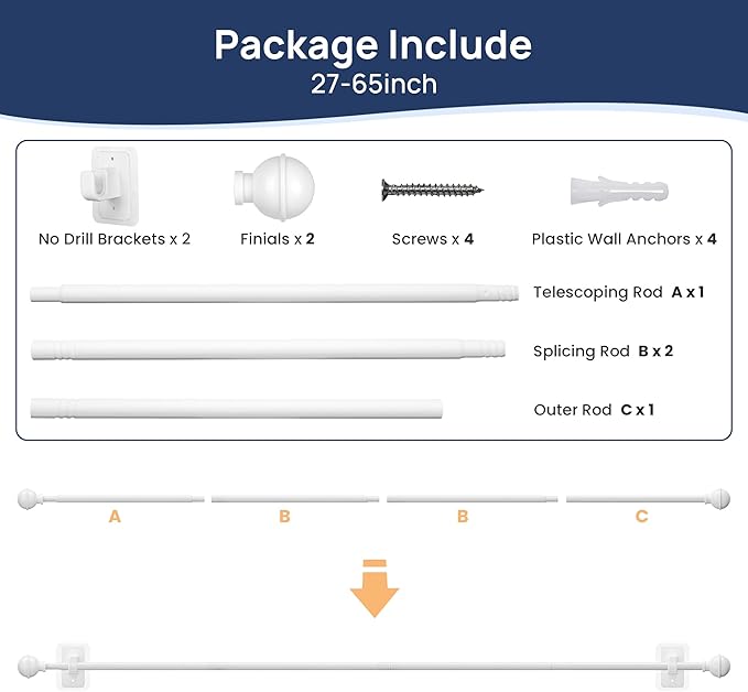 ENJOYBASICS No Drill Curtain Rods for Window 28 to 60 Inches, 5/8 Inch Diameter Renter Friendly Drapery Rod with Adhesive Brackets without Drilling, Adjustable from 27 to 65 Inches, White