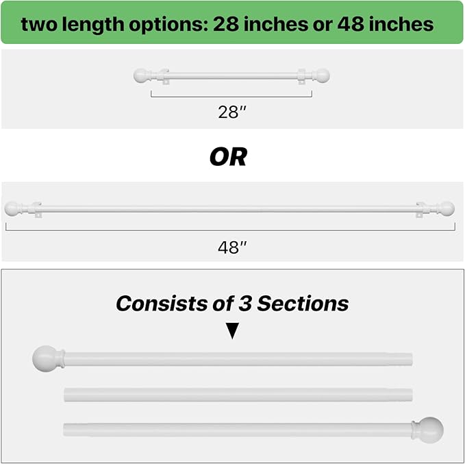 White Curtain Rods for Windows 28 to 48 inch, Adjustable Curtain Rod Set with Brackets Easy Install, Decorative 5/8" Drapery Rod, Heavy Duty Curtain Rods for Bedroom, Kitchen, Living Room