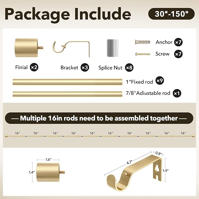 IFELS Heavy Duty Curtain Rods for Windows 72 to 144 Inch, 1 Inch Gold Curtain Rods for Outdoor, Farmhouse, Bedroom, Kitchen, Living Room, Adjustable Easy Install Drapery Rod (A2,Gold,30"-150")