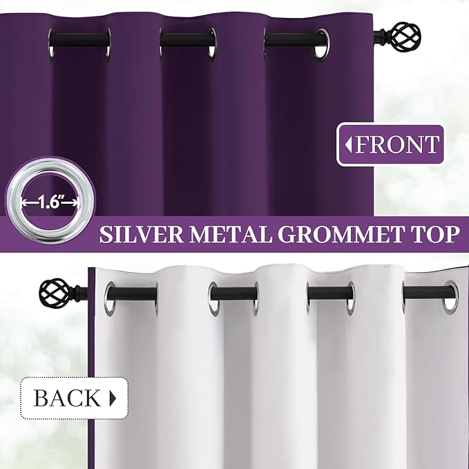 Yakamok Room Darkening 100% Blackout Curtains Grommet Window Treatments with 2 Thick Layers-Purple Thermal Insulated Drapes Set of 2 Panels for Bedroom Living Room 52 Inches by 63 Inches Length