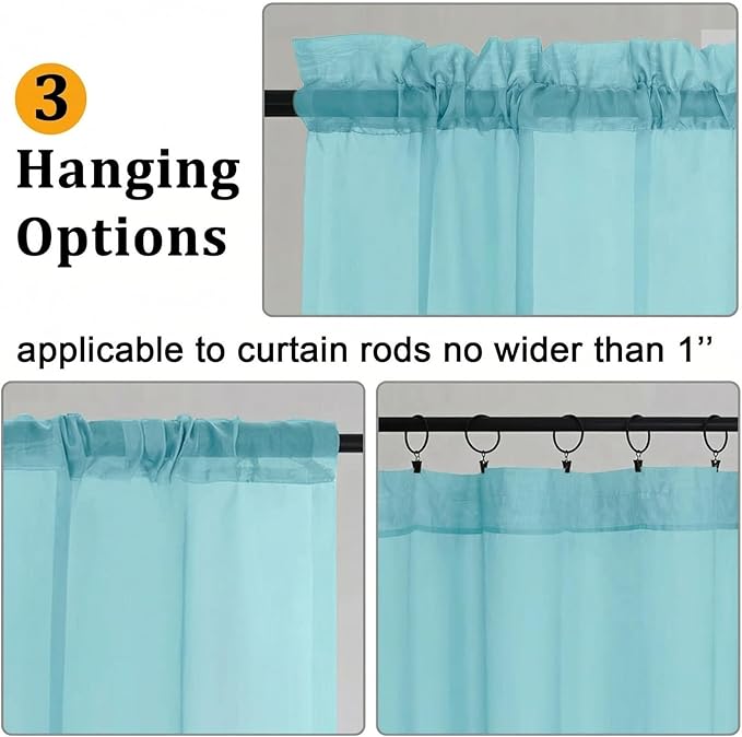 Gwine Small Valances for Windows - Light Filtering Short Window Curtain Valance, Soft Topper Treatment Sheer Curtain for Bathroom Laundry Basement, Each 42Wx14L inch, 2 Panels, Aqua