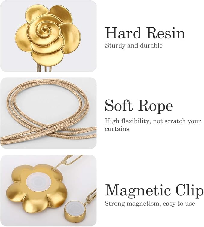 Lewondr Magnetic Curtain Tiebacks, Vintage Curtain Holdbacks, Resin Flower Curtain Ties with Rope Drapery Retro Window Curtain Decorative Buckle Holder for Outdoor, Home Office, and Cafe Balcony, Gold
