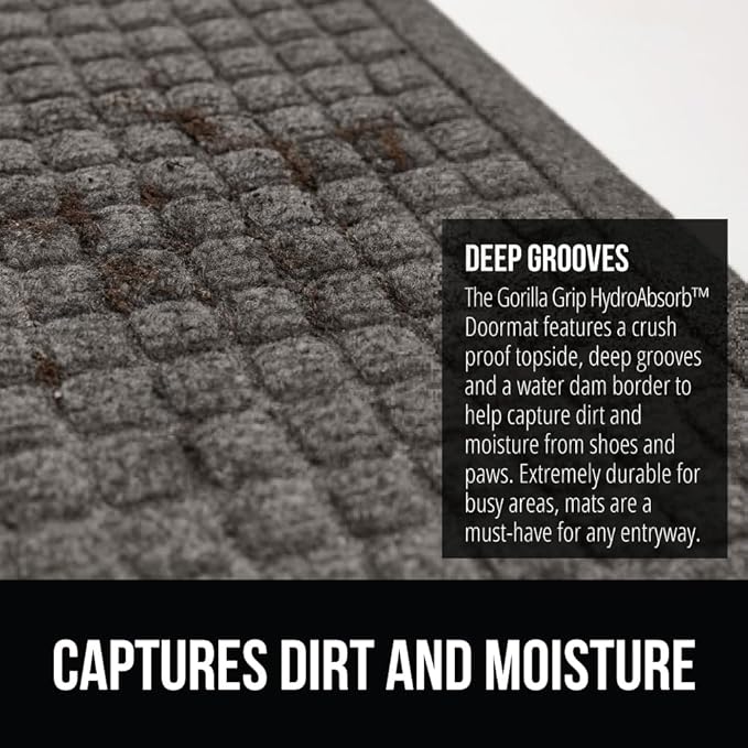 GORILLA GRIP® Ultra Absorbent Front Door Mat Outside Entrance, Traps Dirt and Moisture, HydroABSORB Indoor Outdoor Doormat Holds 1.7 Cups Water, Stain and Fade Resistant Welcome Mat, 29x17 Charcoal