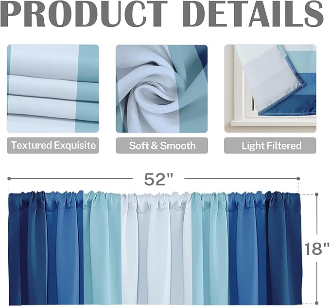 Emvency 2 Pack Valances Window Treatments, Striped Blue Coastal Nautical Modern Navy Drapes Adjustable Curtain for Windows Living Room Kitchen Over Sink, 52x18 Inch Rod Pocket Valances