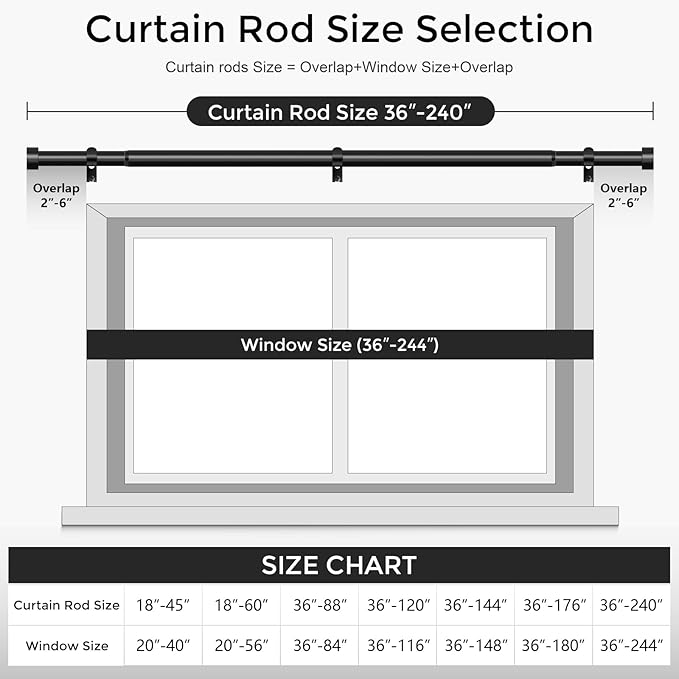 Black Curtain Rods for Windows 170 to 240 Inch(3-20 Feet),extra long drapery rod for large window,1" Diameter Rods with Modern Style End Cap Finials,Size:36-240 Inch
