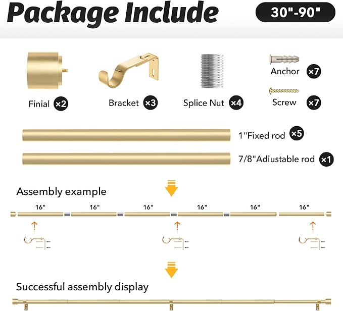 GEEBOBO Gold Curtain Rods for Windows 48 to 84 Inch, 1 Inch Adjustable Heavy Duty Easy Install Curtain Rods Set for Outdoor, Patio, Farmhouse, Bedroom, Living Room (Gold, 30"-90")