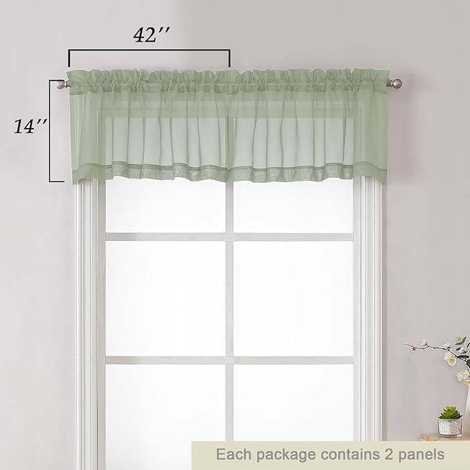 Sage Green Valances for Windows, Sheer Curtains 14 Inch Length 2 Pack Kitchen Curtain, Modern Solid Mini Small Window Curtains for Cafe Bathroom Basement, Sage Green, Each 42" Wx14 L Inches