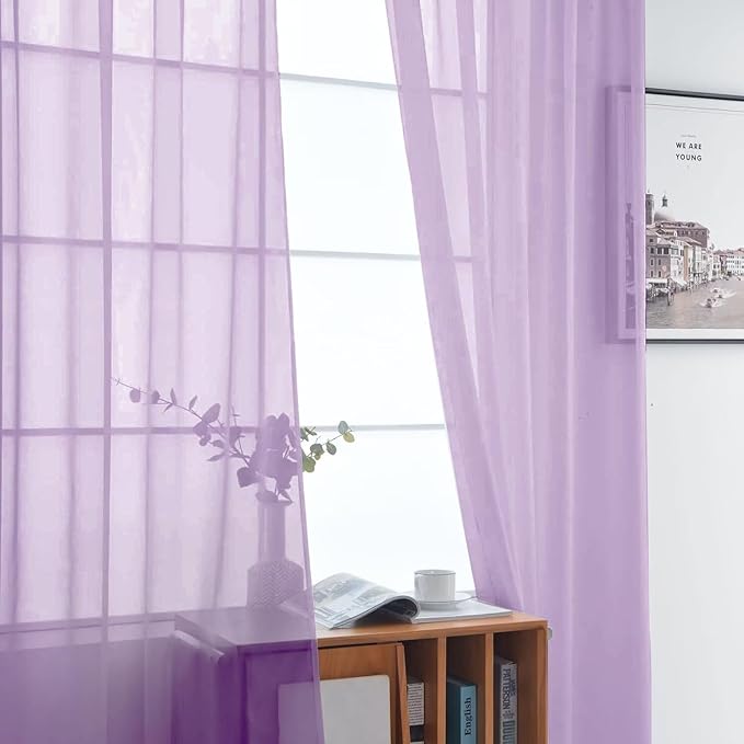 SpaceDresser Sheer Voile Window Treatment Rod Pocket Curtain Panels for Kitchen Bedroom Living Room Drapes Sunlight Filtering Privacy Semi Home Decor Assorted (Lavender, 52 W x 72 L)