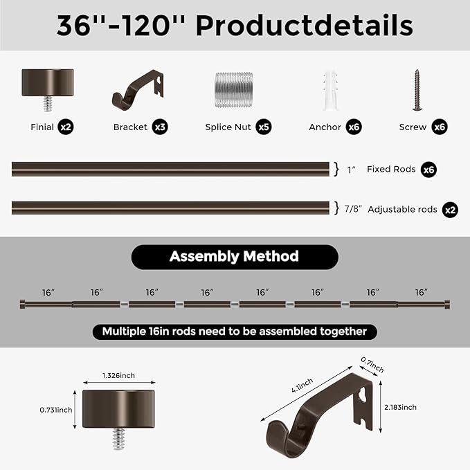 VOIIY Bronze Curtain Rods for Windows 66 to 120 Inch(5.5-10 Feet),1" Diameter Drapery Rods with Modern Style End Cap Finials,Size:36-120 Inch,Antique Bronze