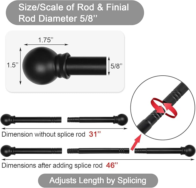 Thestoa Curtain Rods for Windows 31 or 46 Inch, 5/8" Diameter Black Curtain Rod Adjusts Length by Splicing, Suitable for Bedroom, Living Room,Kitchen,Farmhouse, Outdoor