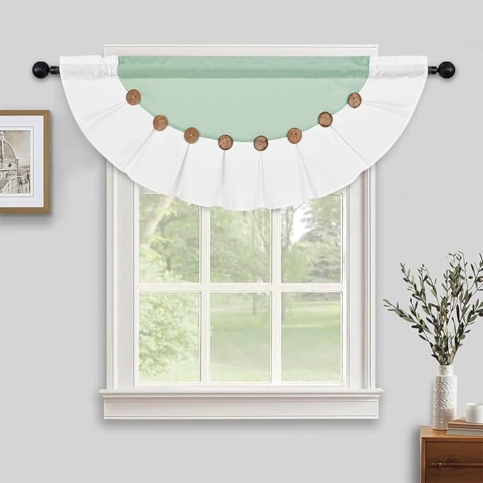 FRAMICS Farmhouse Valance Curtains, Boho Cotton Linen Kitchen Valance, Sage Green Rustic Button Window Valances for Bedroom, Country Rod Pocket Valances for Windows, Semi-Circular, 52 x 18 Inch
