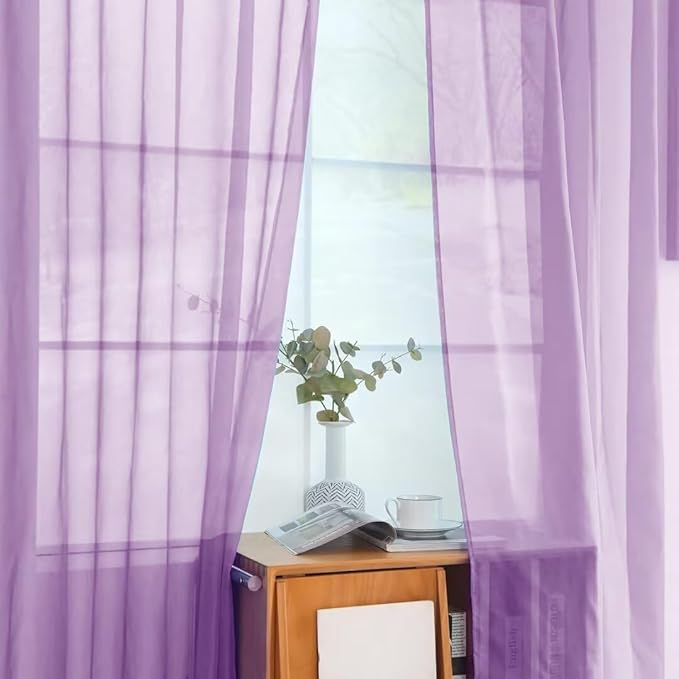 youleyar Solid Sheer Rod Pocket Curtain Voile Draperies 2 Panels White Beige Black Grey Coffee 52 Inch Width 96 Inch Long 1 Pair for Kitchen Bedroom Children Living Room Yard (Lavender,52Wｘ96L)
