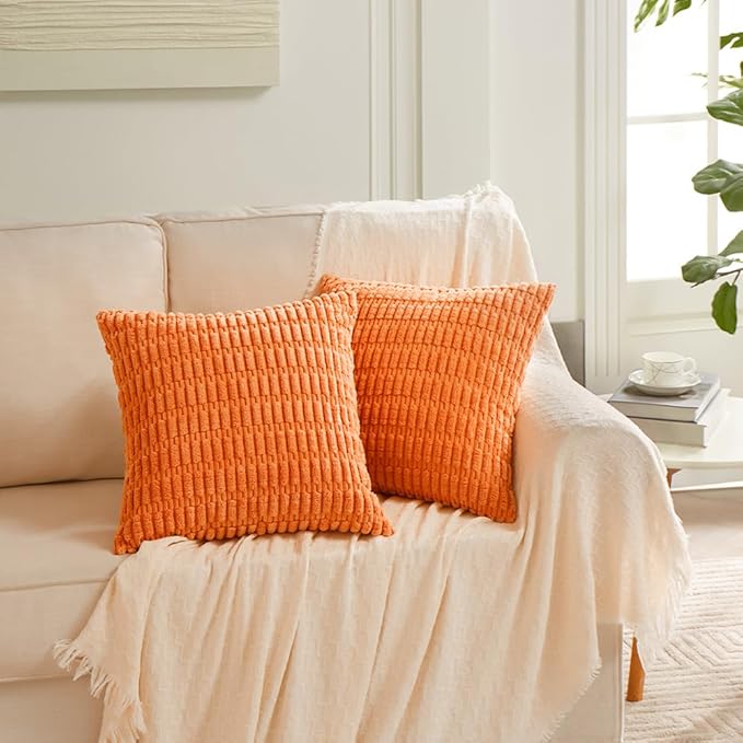 Fancy Homi 4 Packs Orange Fall Decorative Throw Pillow Covers 24x24 Inch for Couch Living Room Bed Sofa, Halloween Pumpkin Autumn Home Decor, Soft Cute Plush Corduroy Striped Cushion Case 60x60 CM