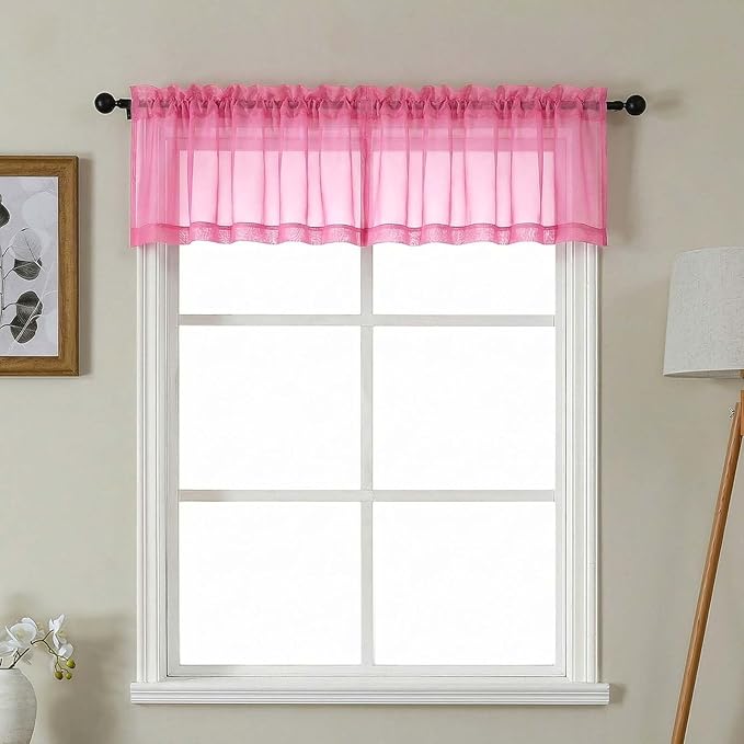 Gwine Small Valances for Windows - Light Filtering Short Window Curtain Valance, Soft Topper Treatment Sheer Curtain for Bathroom Laundry Basement, Each 42Wx14L inch, 2 Panels, Hot Pink